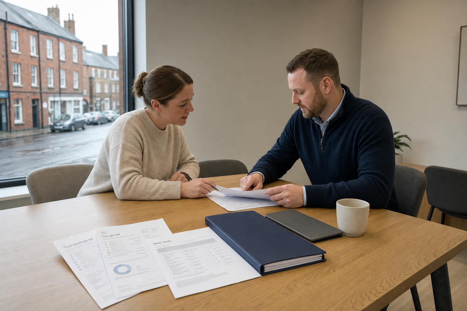 Two people discuss paperwork at a table by a large window with a street view.