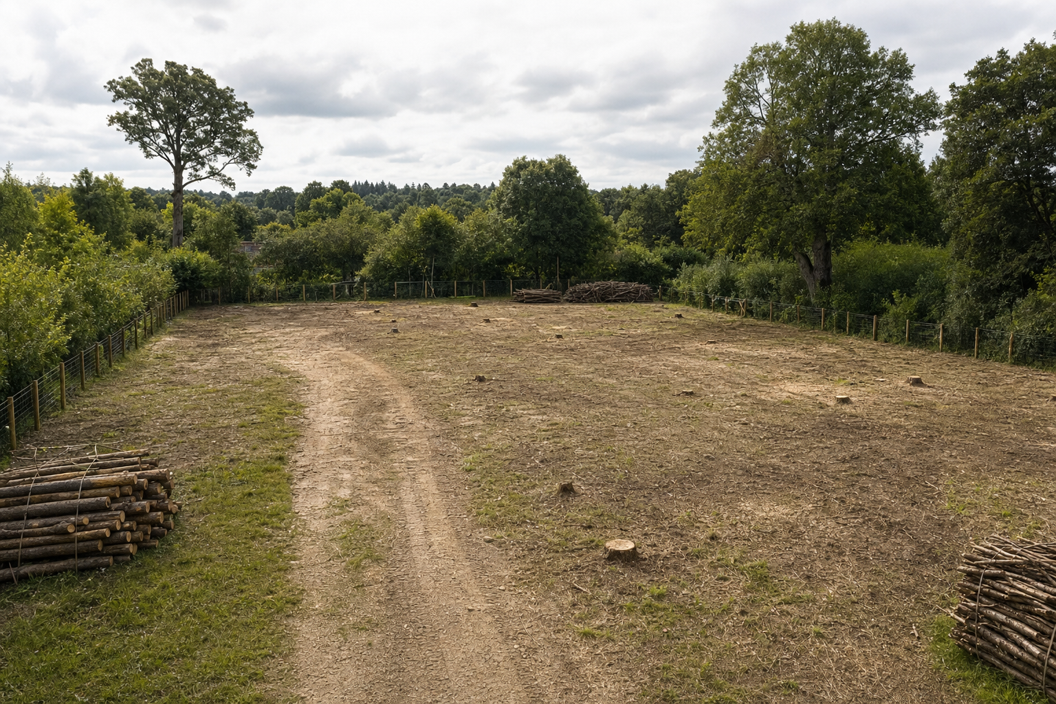 Cleared field with tree stumps and stacks of cut wood surrounded by dense green foliage under a cloudy sky.