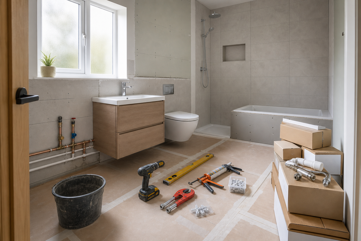 Modern bathroom under renovation with tools and materials scattered on the floor.