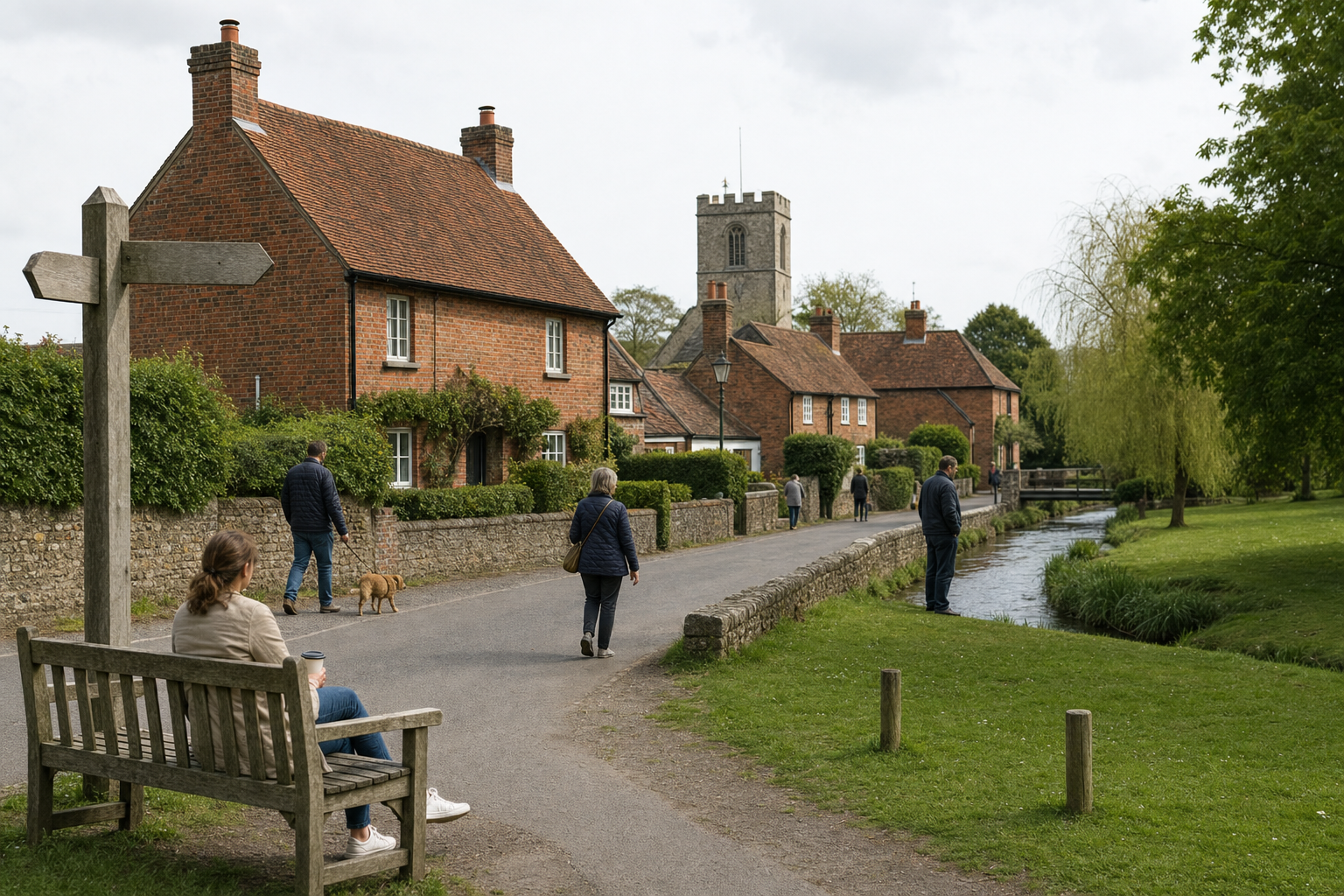 People walking along a path beside a small river in a quaint English village with red-brick houses and a church tower.