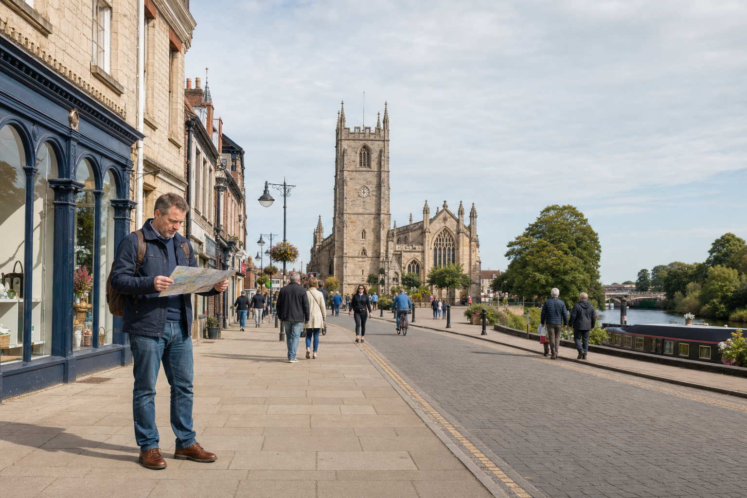 A man reads a map on a bustling riverside promenade with a historic church and people walking and cycling nearby.