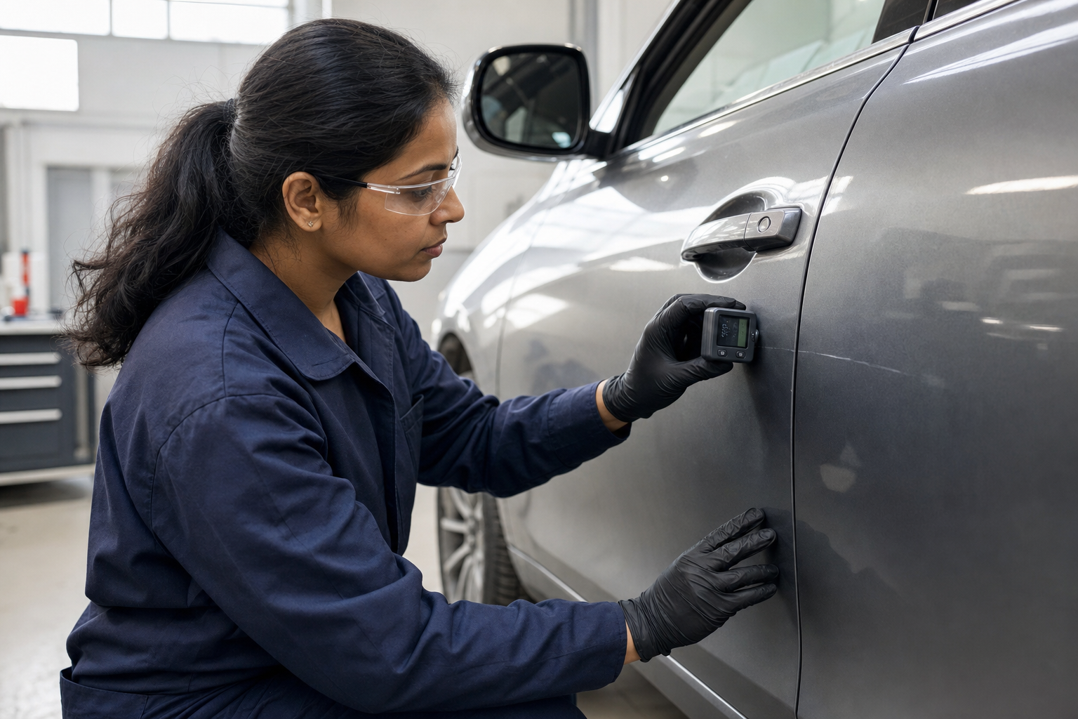 Technician inspecting a car's surface with a handheld device in a garage setting.