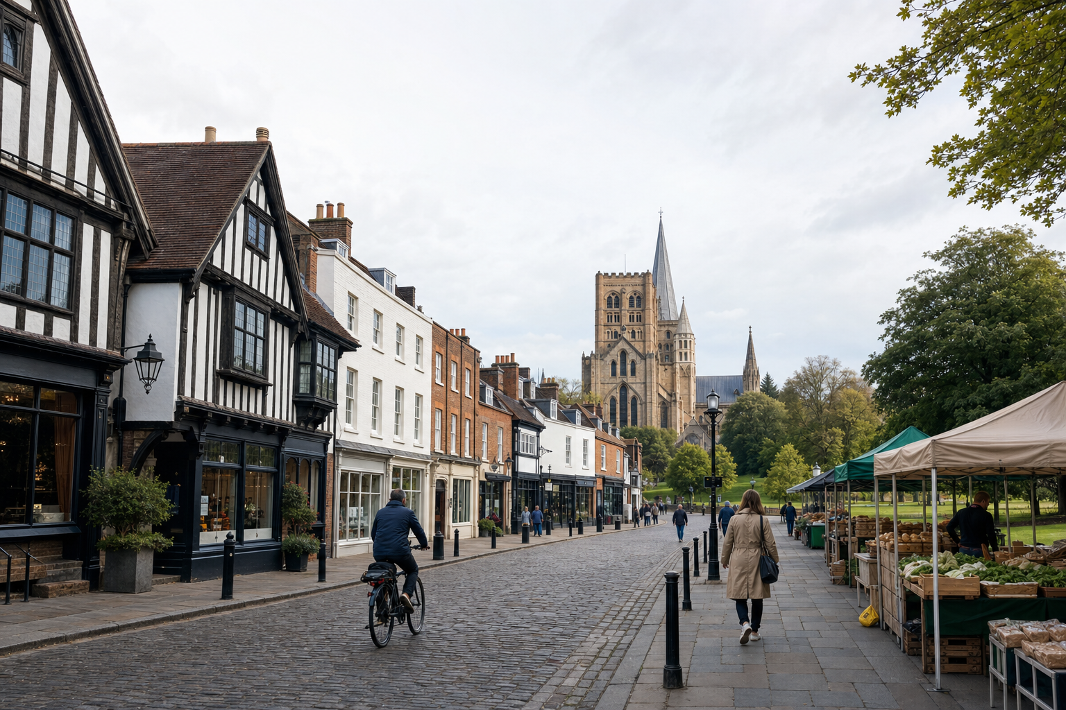 Cobblestone street with Tudor-style buildings, cycling man, and people walking towards a cathedral, with market stalls on the right.