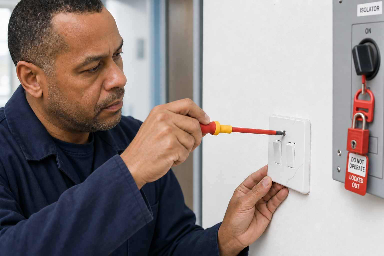 Electrician repairing a light switch with a screwdriver next to a locked-out isolator switch.
