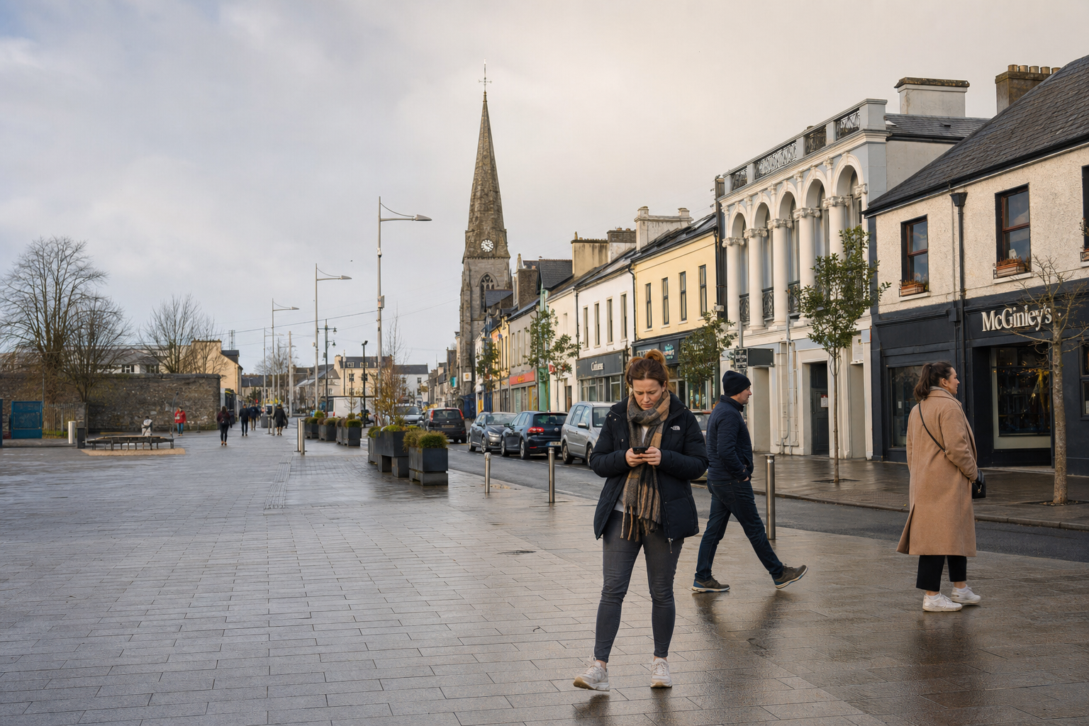 A woman checks her phone while walking on a wet city street lined with shops and a clock tower in the distance.