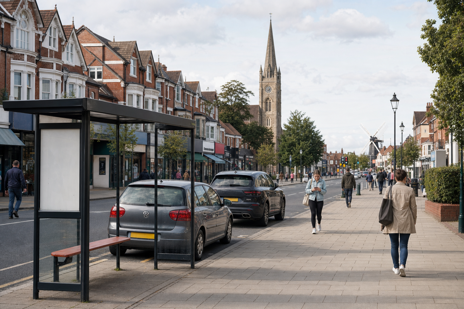 A bustling English high street with shops, a church spire in the distance, and people walking on the pavement.