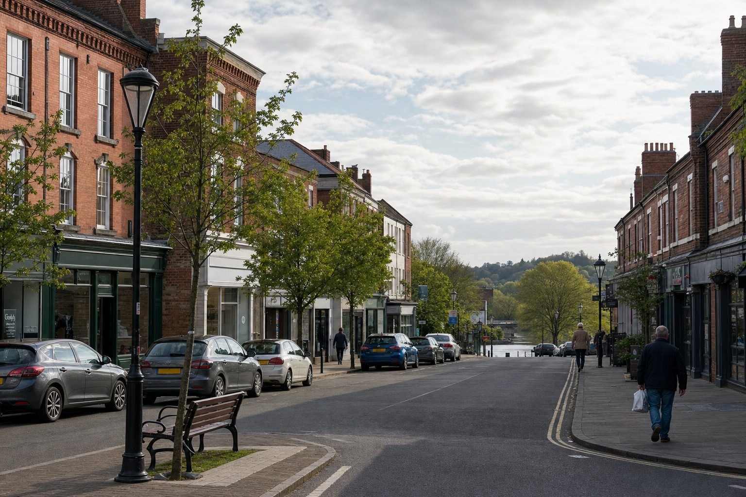 Charming street scene with parked cars, a lamppost, and pedestrians, leading to a river with trees in the background.