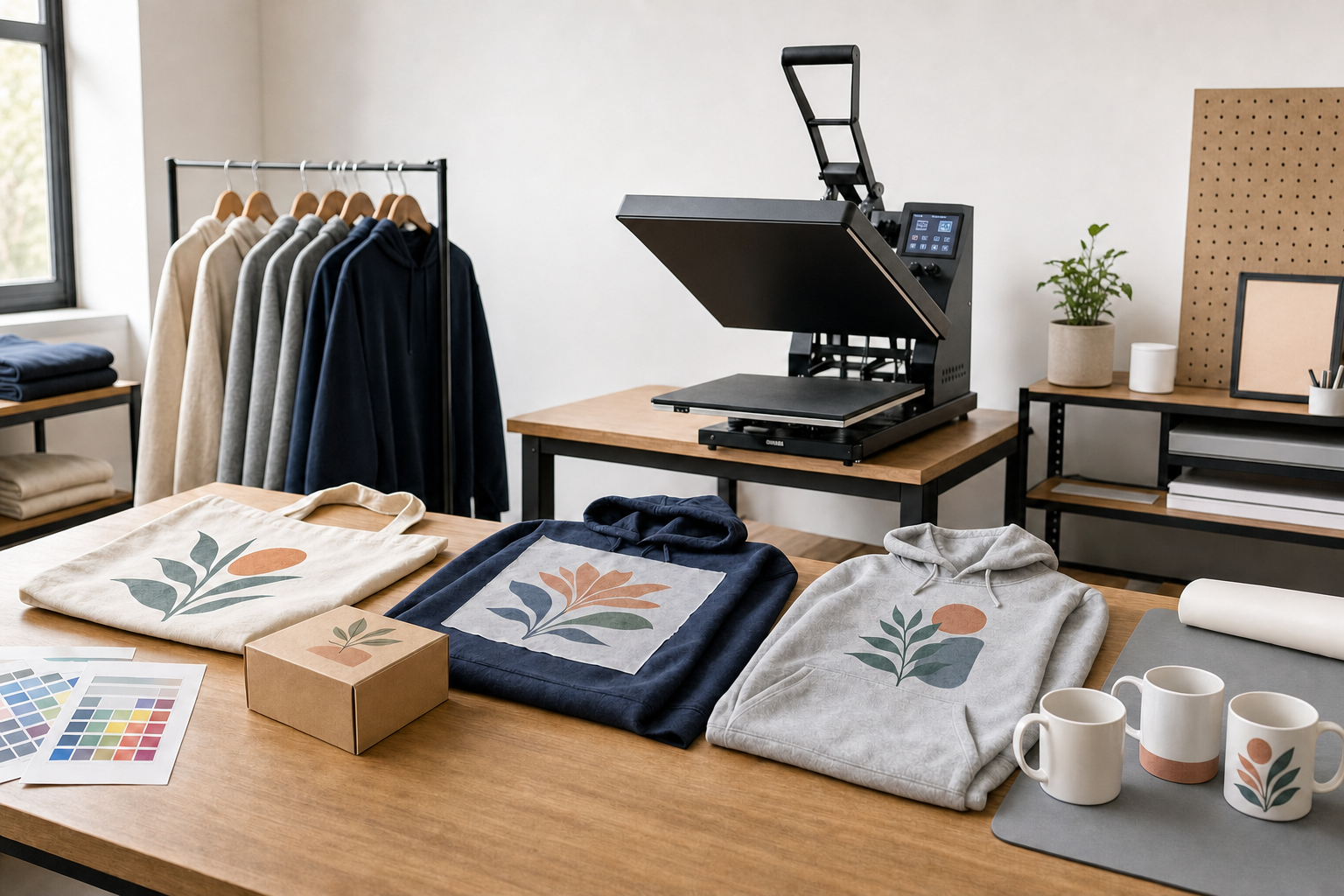 A workspace featuring custom-printed hoodies, mugs, and a tote bag next to a heat press machine.