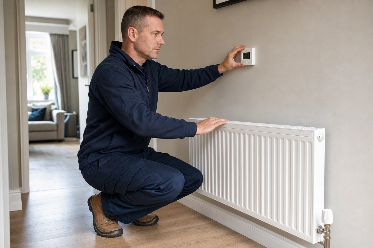 A man in blue workwear adjusts a thermostat near a radiator in a modern home hallway.