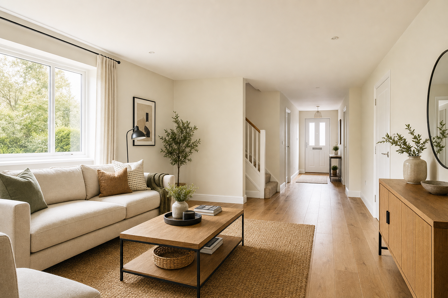 Modern living room with a beige sofa, wooden coffee table, and doorway leading to a hallway, featuring natural light.