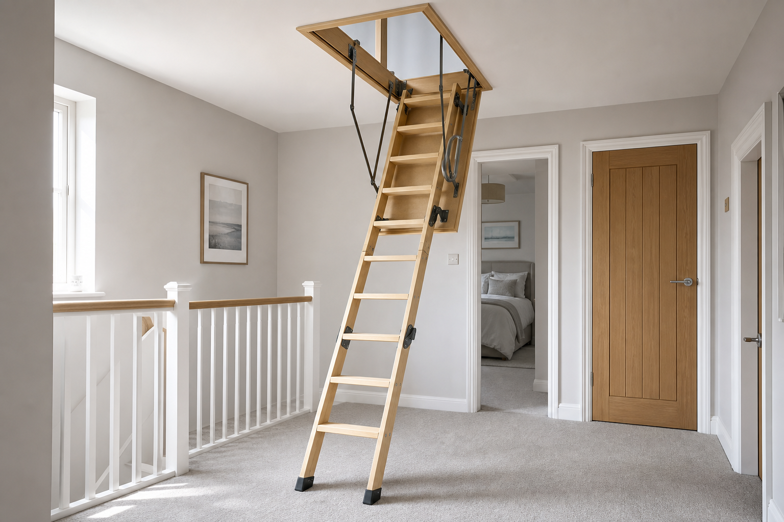 A wooden loft ladder extends to the floor in a carpeted landing with white railings and a closed wooden door.