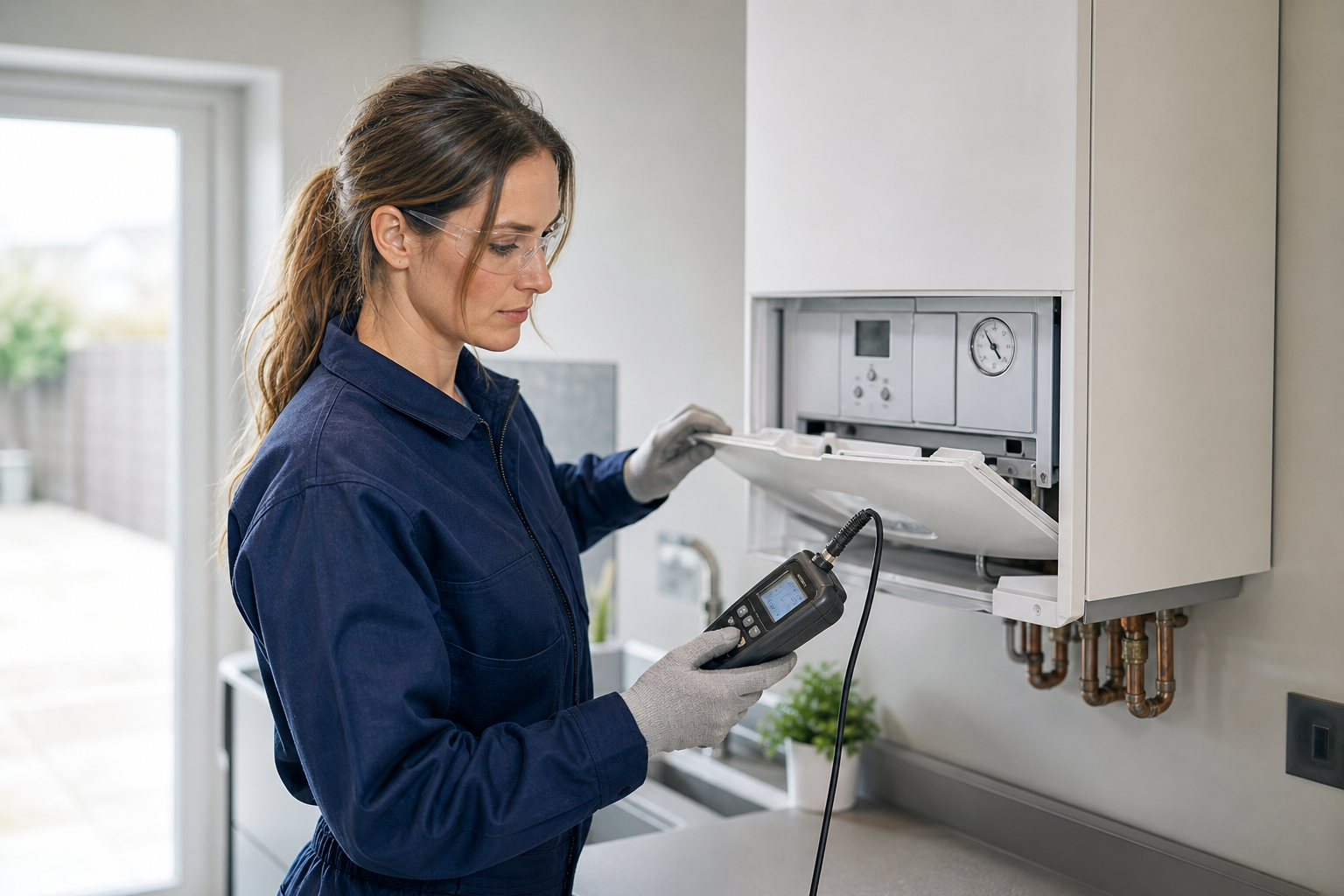 Technician in blue coveralls using a diagnostic device on a wall-mounted boiler.