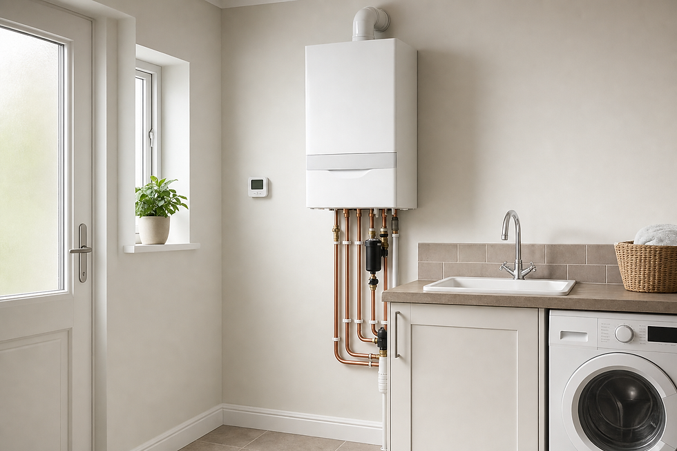 Modern utility room with a white boiler, copper pipes, sink, washing machine, and potted plant by the window.