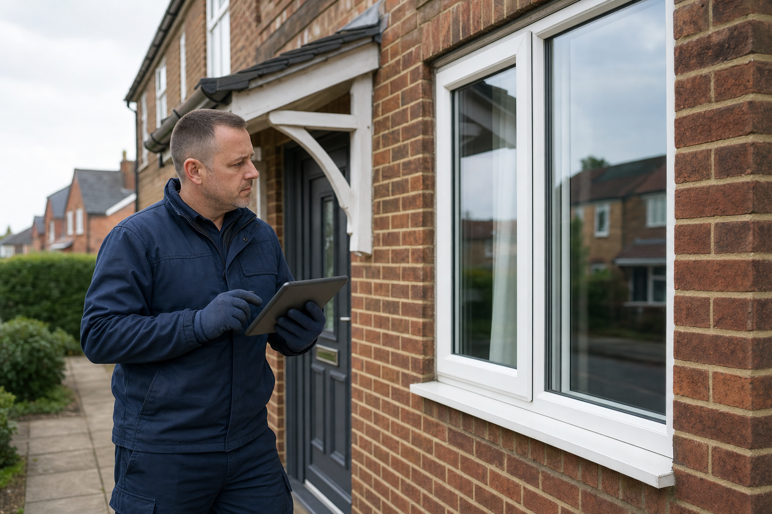 Man in blue workwear holding a tablet while inspecting a house window.