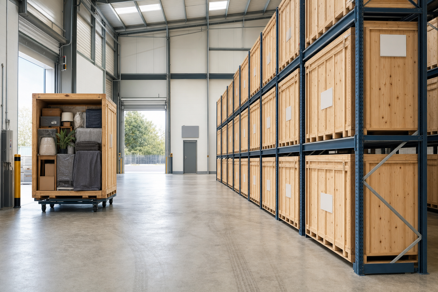 Wooden crates are neatly stacked in a spacious warehouse with one open crate revealing packed household items.