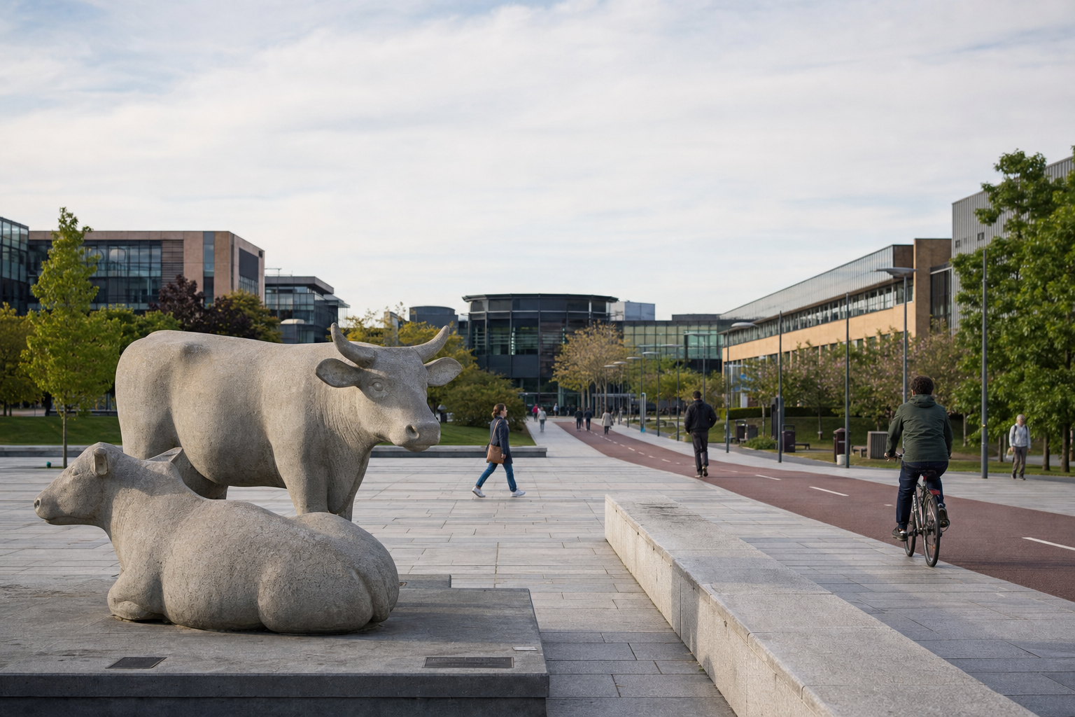 Stone cow sculptures in a modern campus setting with people walking and cycling nearby.