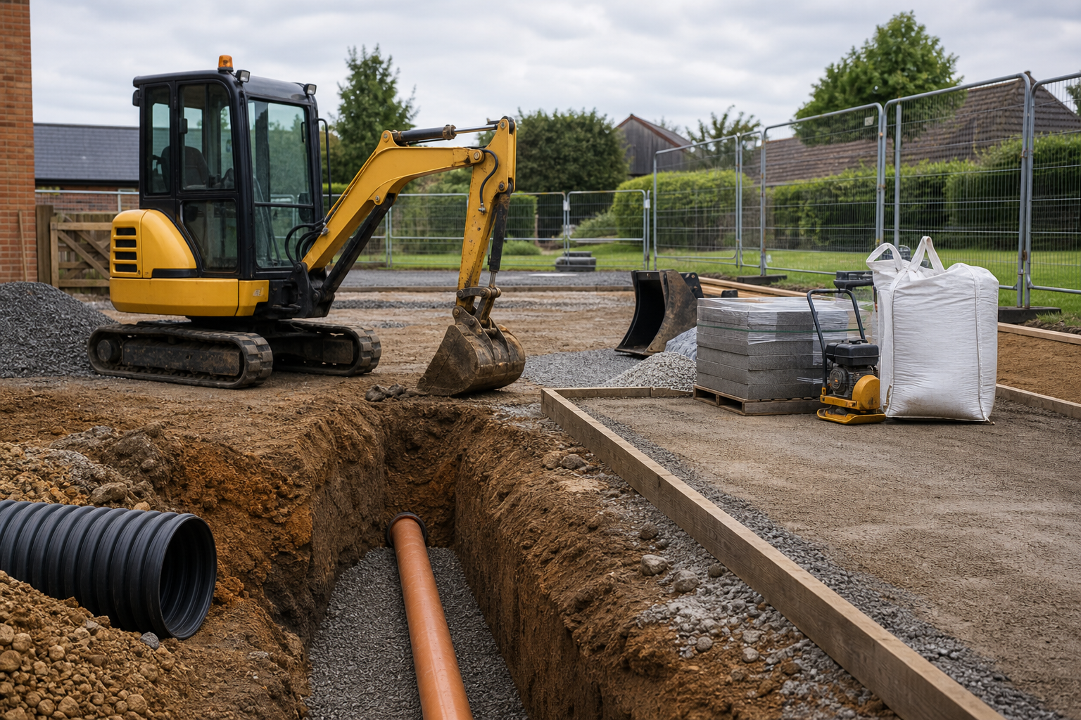 Excavator at a construction site with a trench, pipes, and stacked building materials.