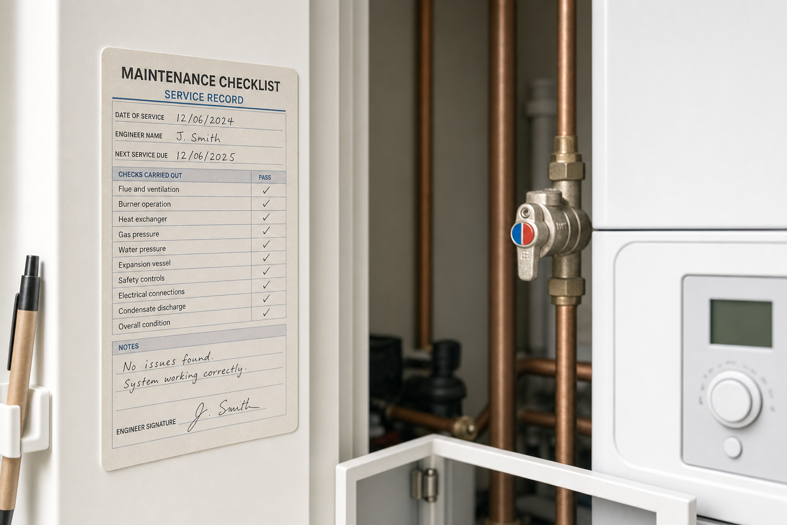 Maintenance checklist on a boiler showing all checks passed with no issues found, signed by engineer J. Smith.