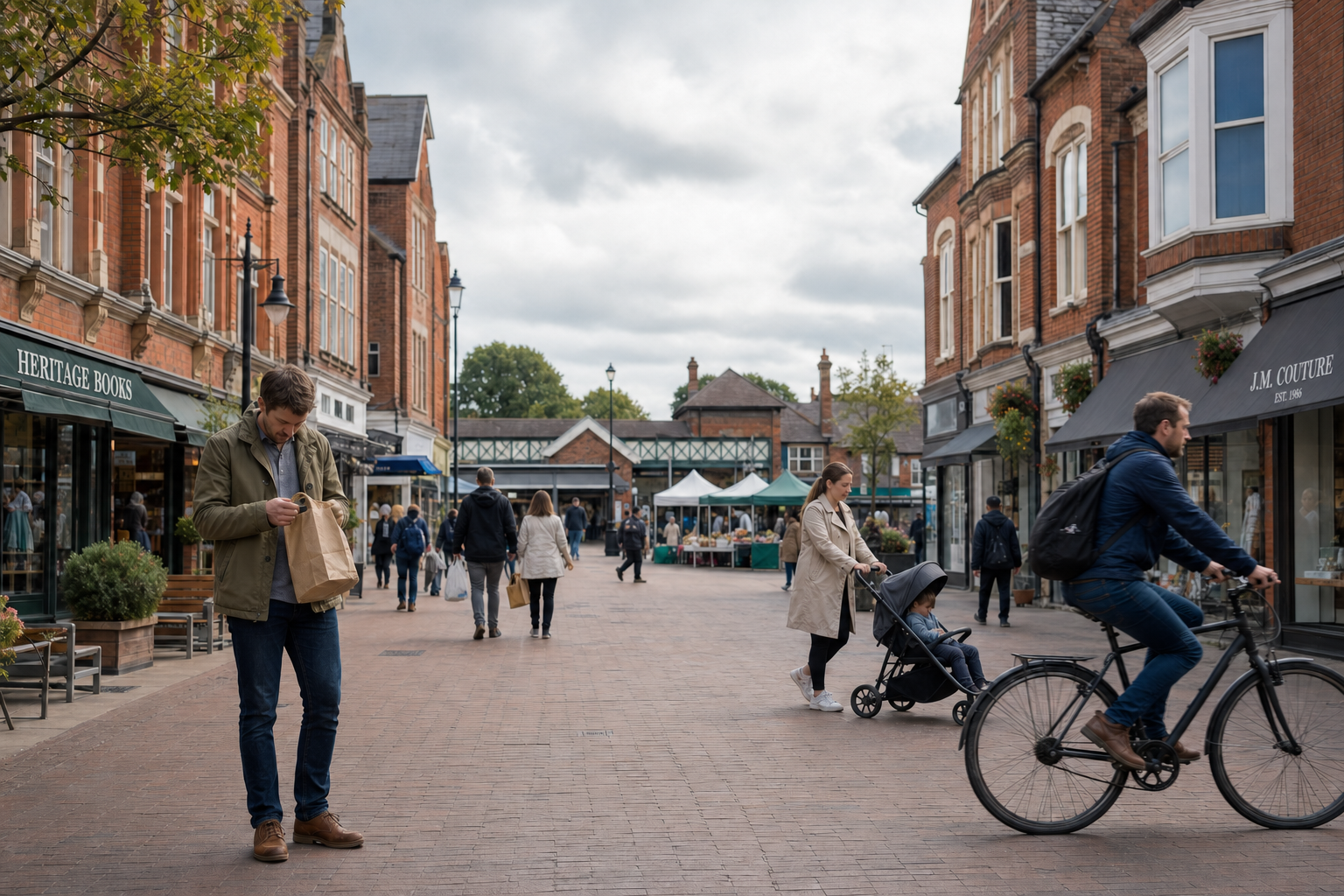 Pedestrians, a cyclist, and a woman with a pram navigate a busy street lined with shops and outdoor market stalls.