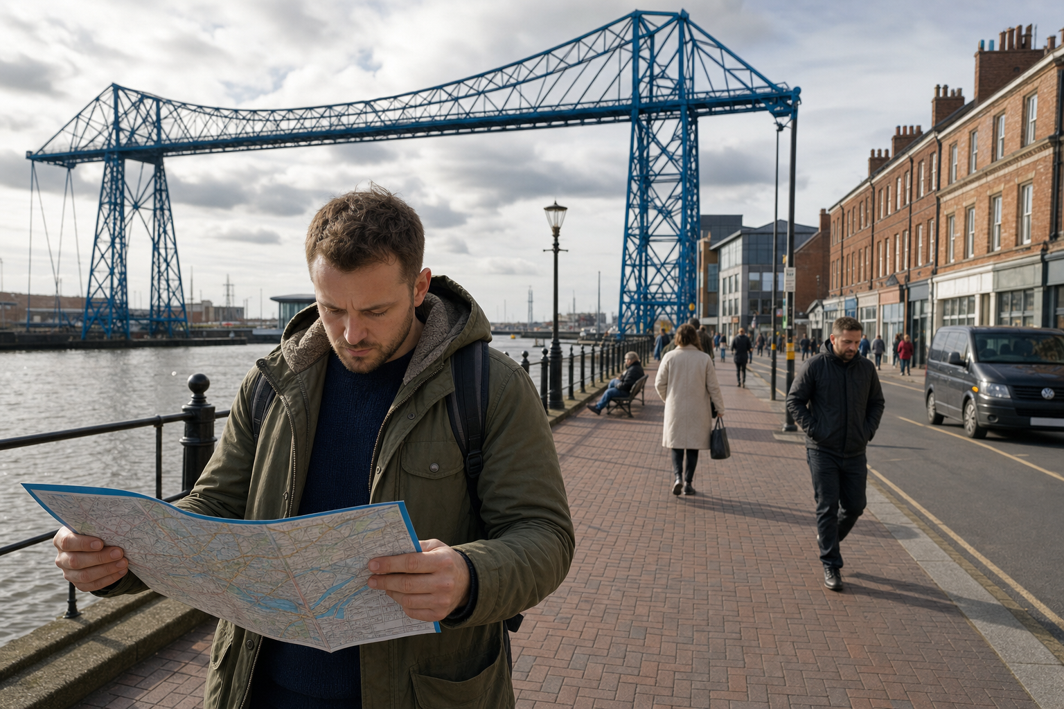 A man studies a map by the riverside with an iron bridge and pedestrians in the background.