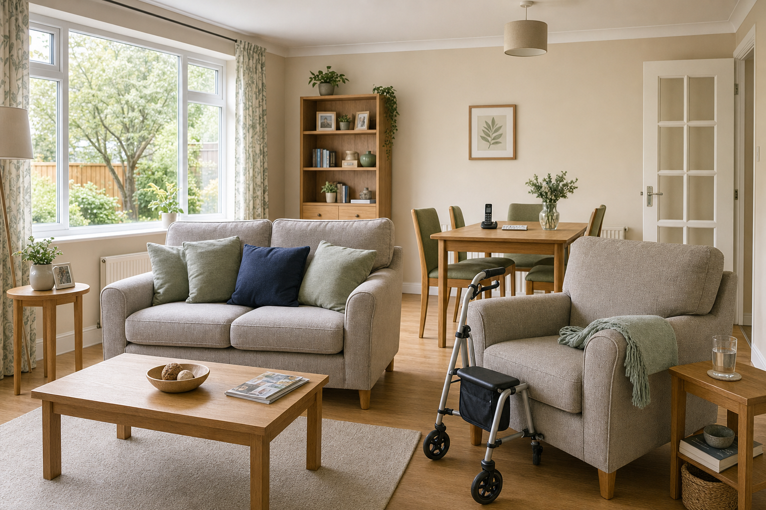 Cosy living room with a sofa, armchair, dining table, and a mobility walker, framed by large window and light decor.