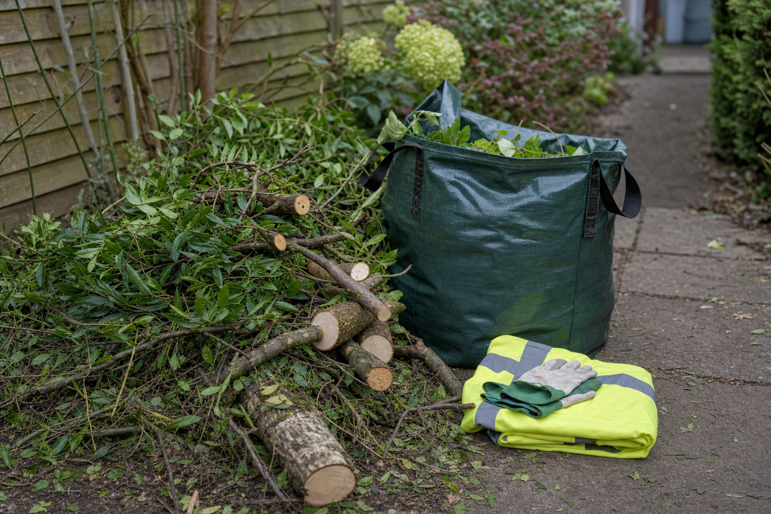 Garden waste and cut branches beside a filled garden sack with folded high-vis jacket and gloves on a path.