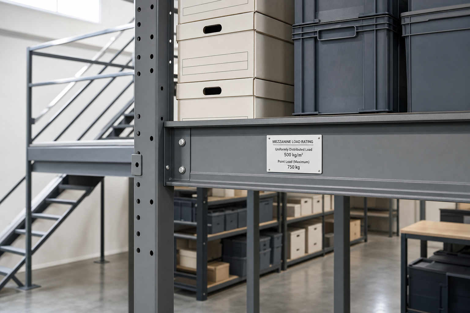 Industrial shelving unit with boxes and a mezzanine load rating sign, next to metal stairs in a warehouse setting.