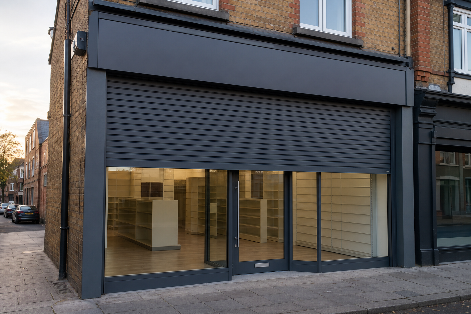 Gray roller shutter door on a brick building with a yellow barrier nearby.