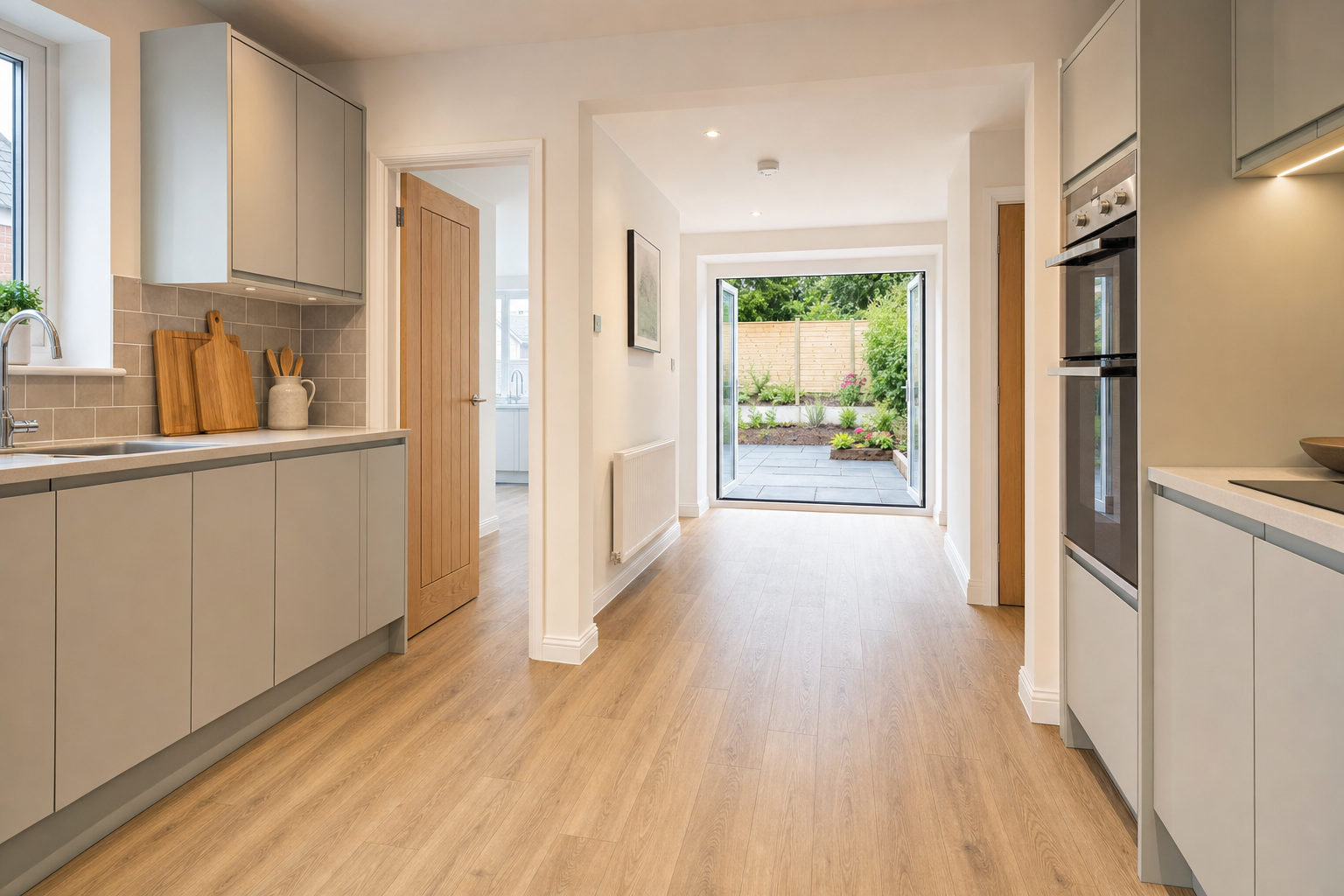 Modern kitchen with light wooden flooring, leading to an open patio with garden views through wide glass doors.