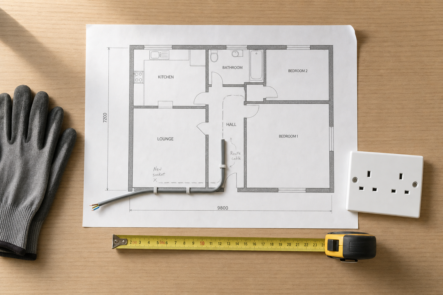 Floor plan with wiring diagram, tape measure, glove, and electrical socket on a wooden surface.