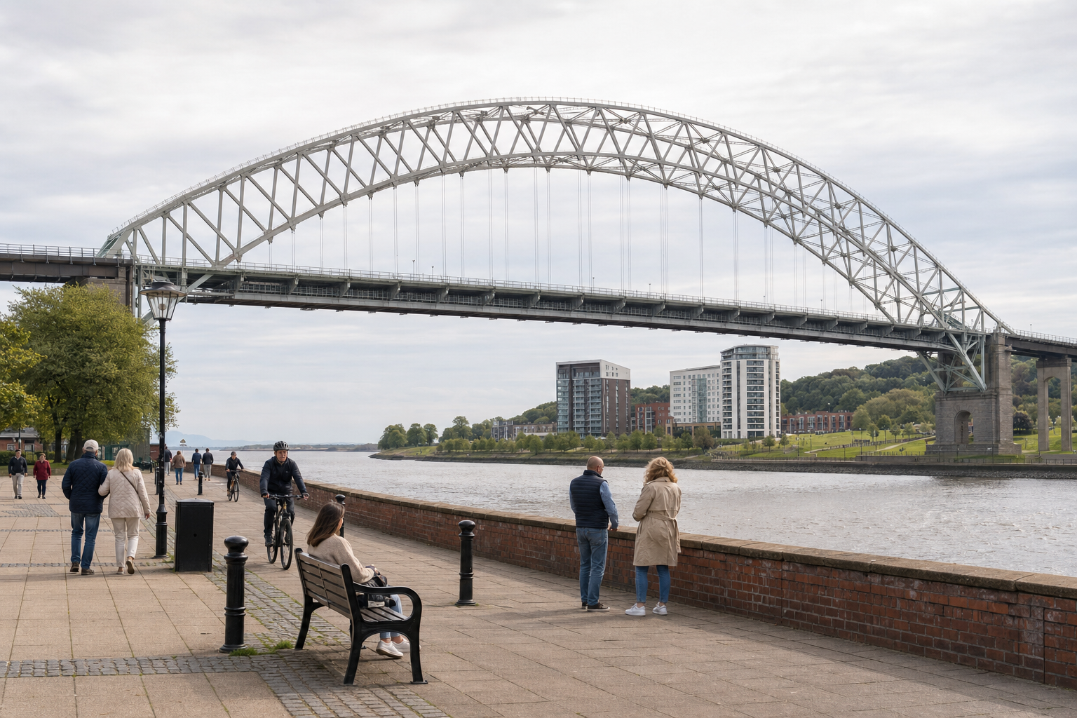 People walking and cycling along a riverside promenade with a large arched bridge in the background.