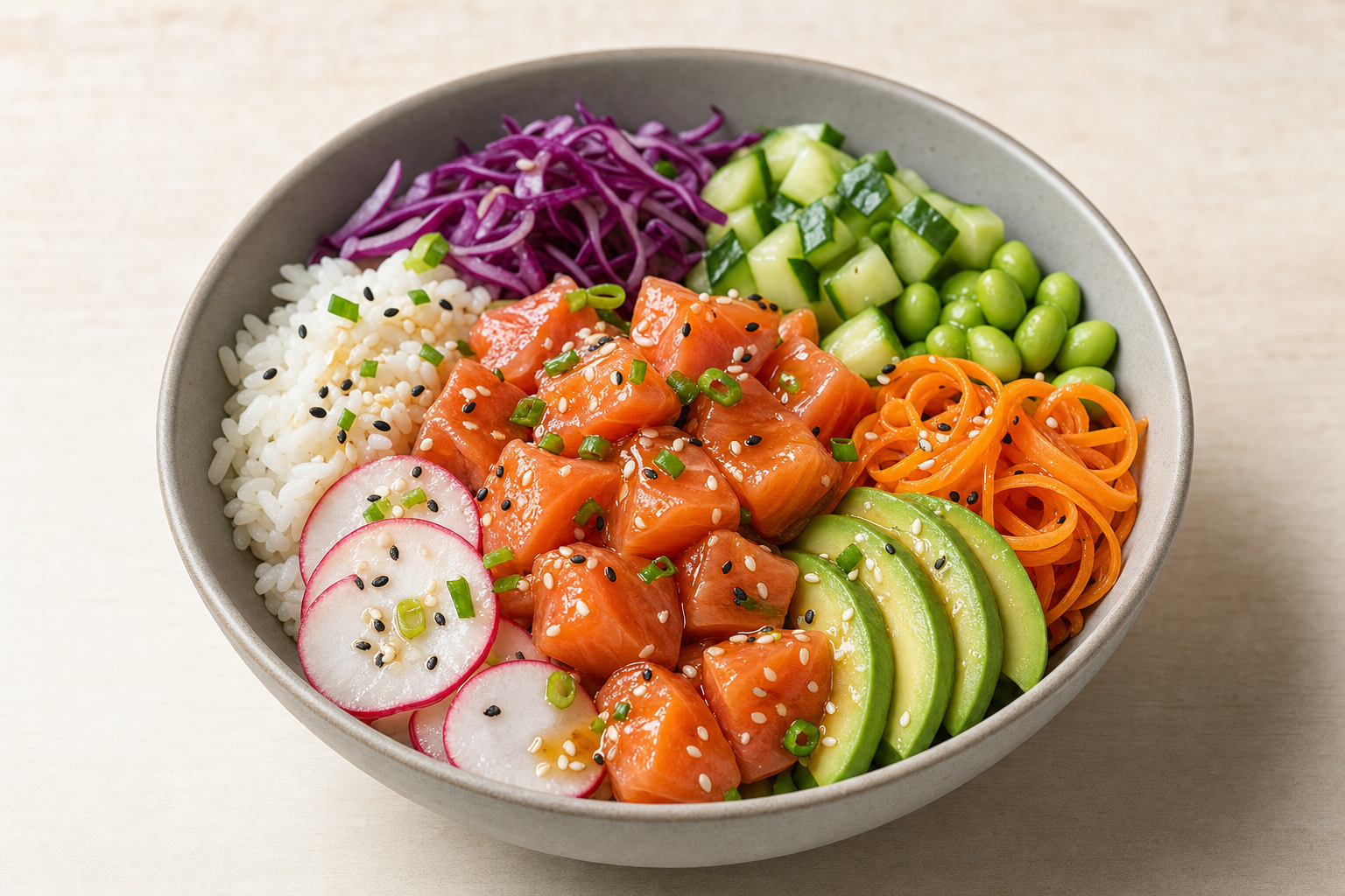 A vibrant salmon poké bowl with rice, avocado, radishes, cucumber, edamame, carrot, and purple cabbage.