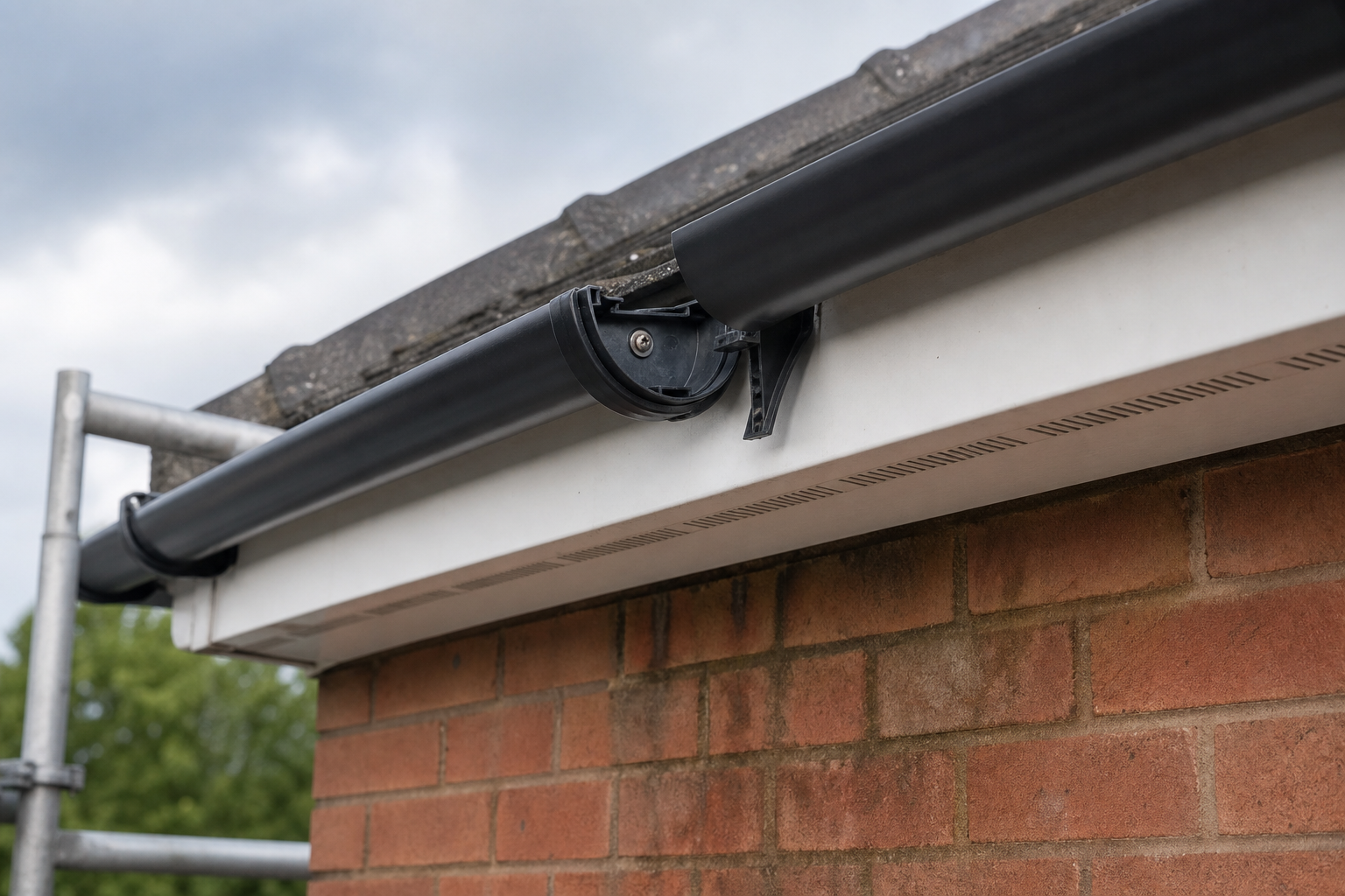 A black plastic gutter is partially detached from a brick house beside scaffolding.