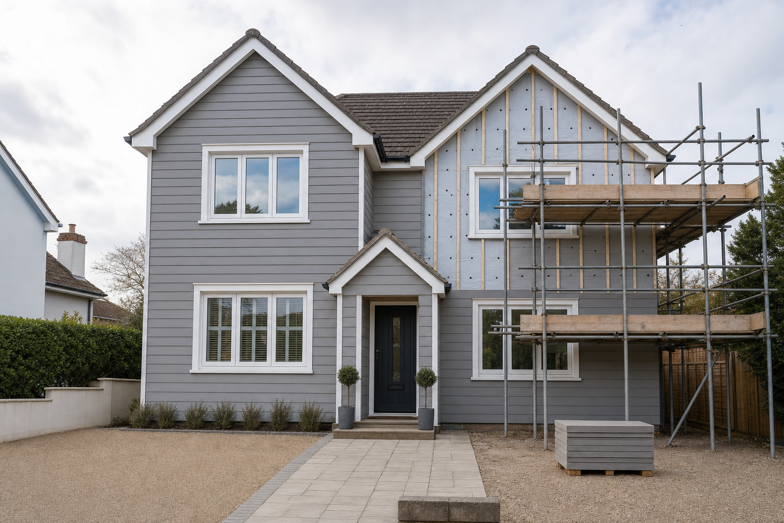 Grey two-storey house with scaffolding on one side, suggesting ongoing renovation or construction work.