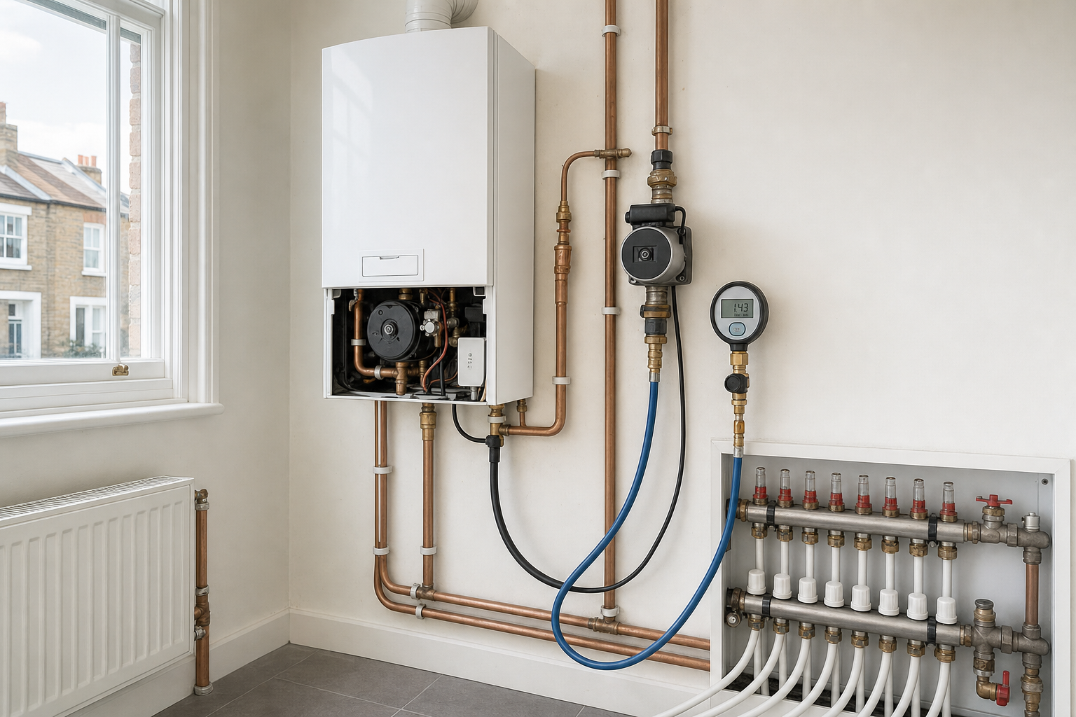 A modern boiler system with exposed copper pipes and a digital pressure gauge installed in a utility room.