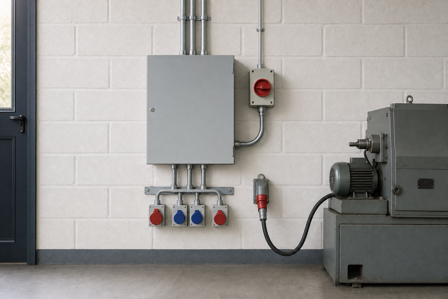 Industrial control panel with coloured sockets connected to machinery in a bright, clean workshop.