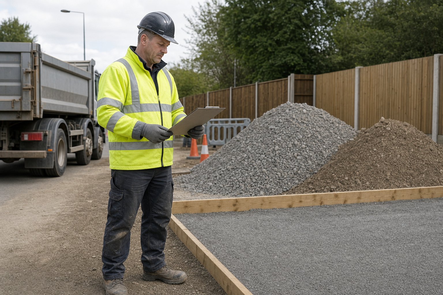 Construction worker in a high-vis jacket reviews a clipboard beside piles of gravel at a roadside site.