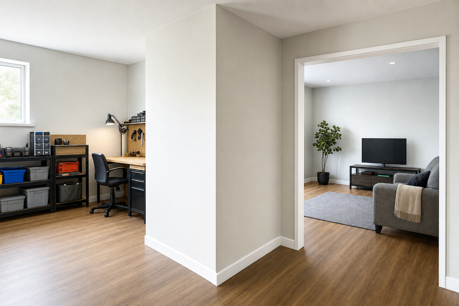Modern interior with a workshop area on the left and a cosy living room with a TV and plant on the right.