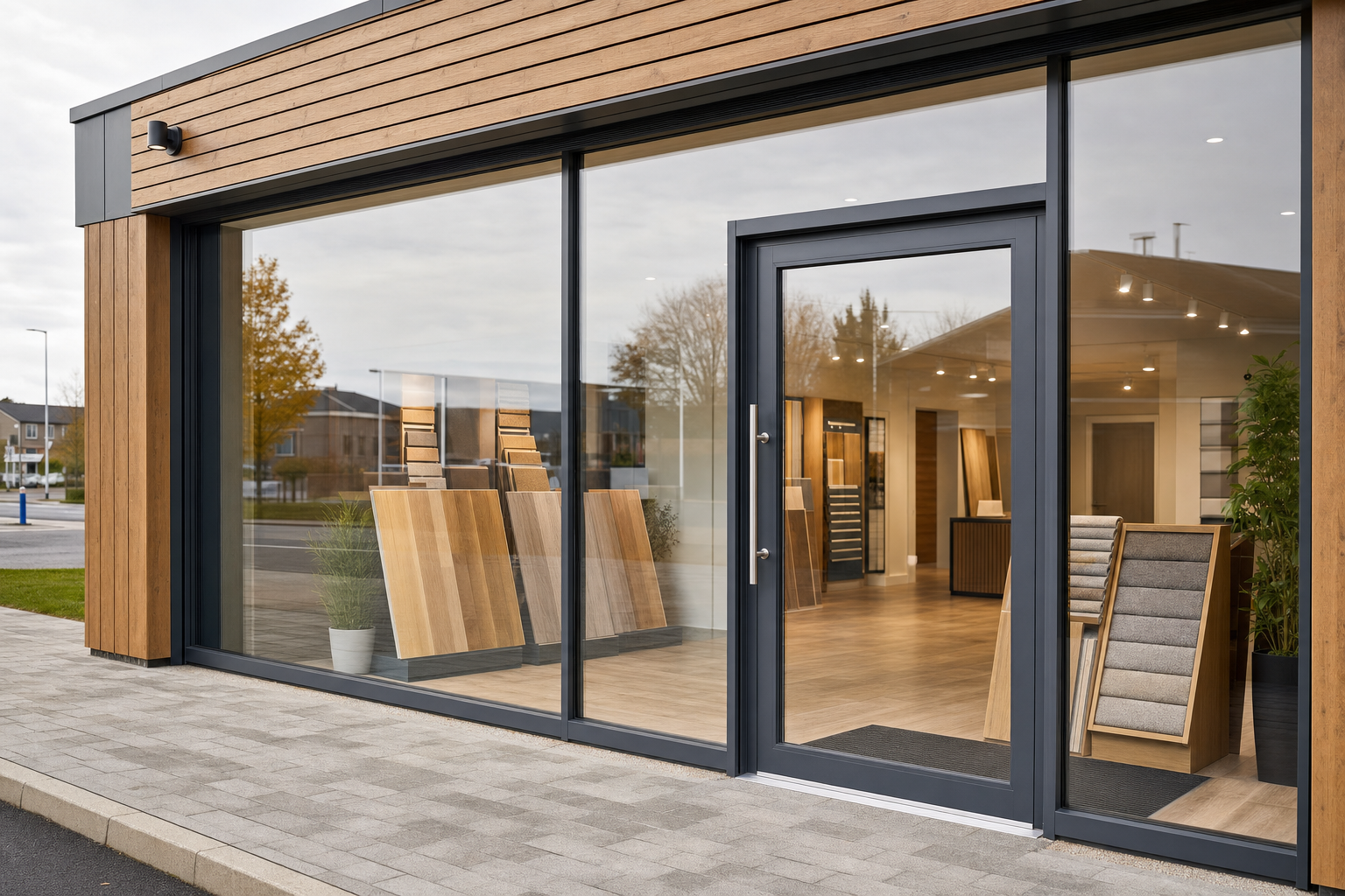 Modern showroom with large windows displaying wooden and carpet flooring samples, surrounded by a sleek, minimalist design.