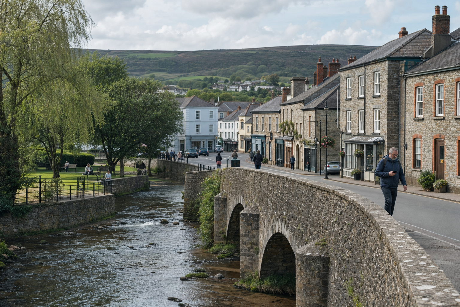 A picturesque stone bridge spans a flowing river in a quaint village with people strolling along the street.
