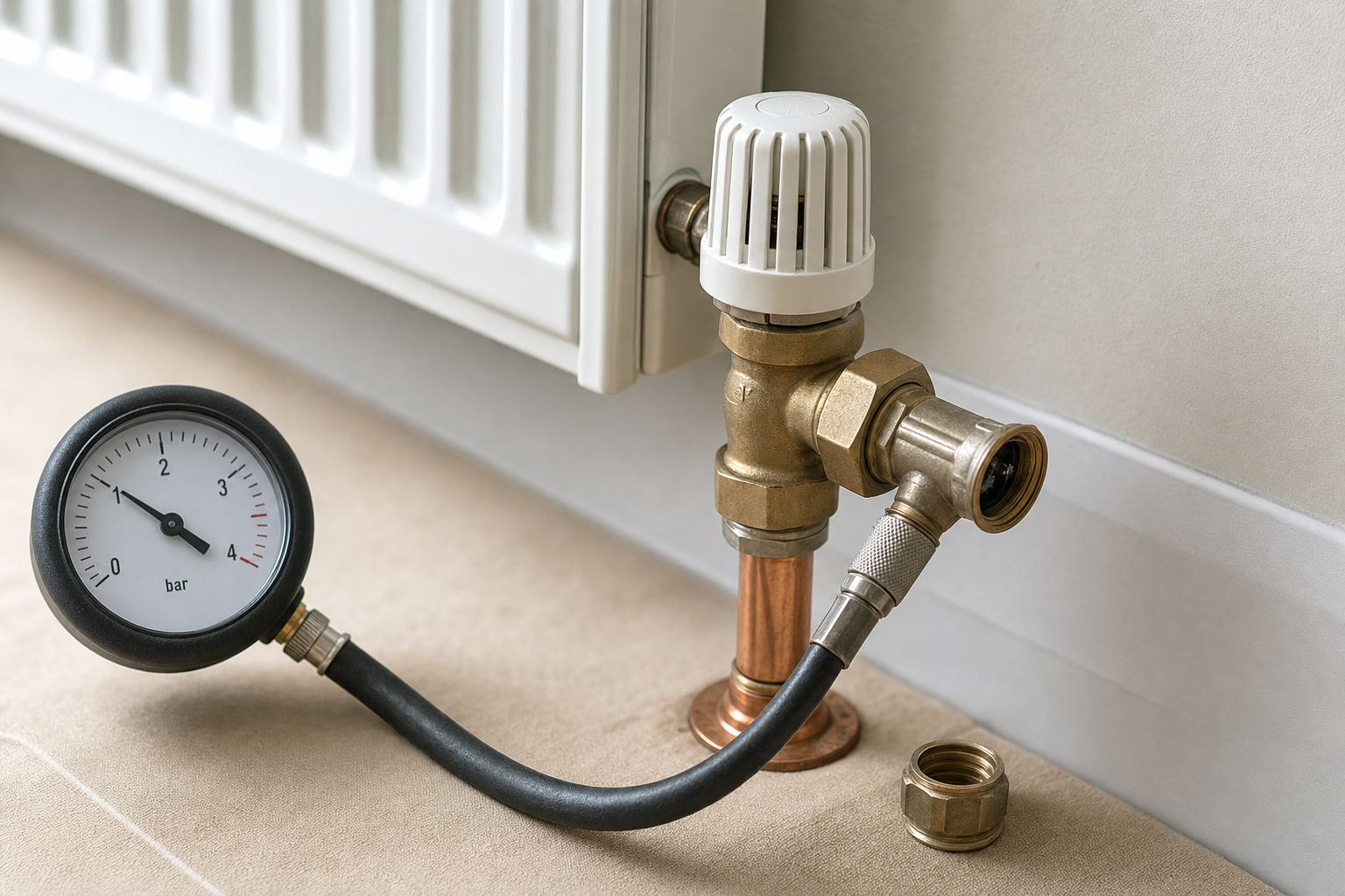 A radiator valve connected to a pressure gauge on a beige carpeted floor.
