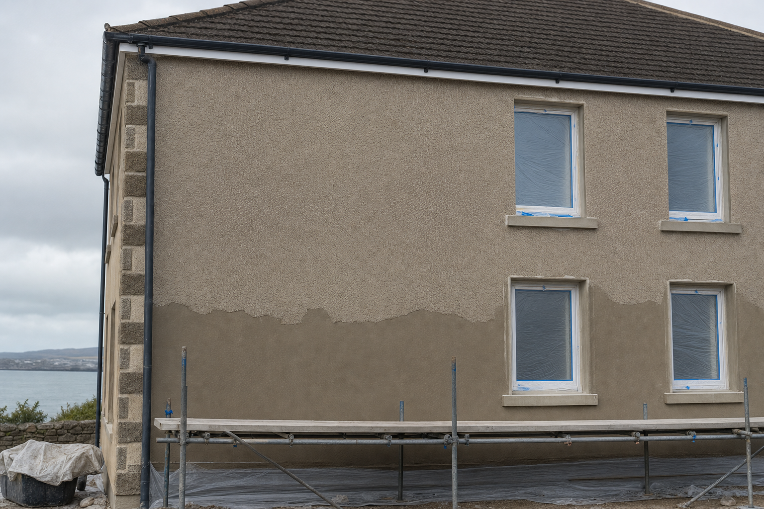 Two-storey house wall under renovation, partially plastered with windows covered for protection.