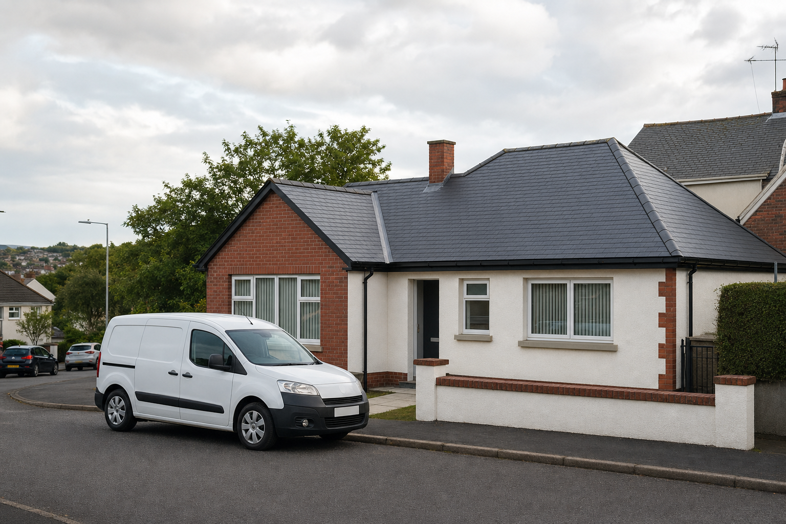 White van parked on the street in front of a small, detached brick and render bungalow.