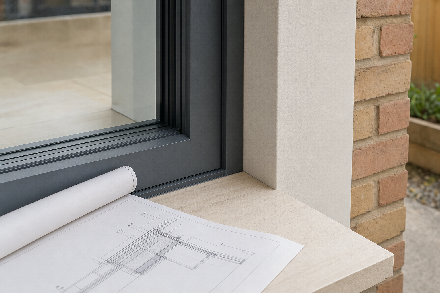 Architectural blueprint on a windowsill next to a modern grey-framed window and brick wall.