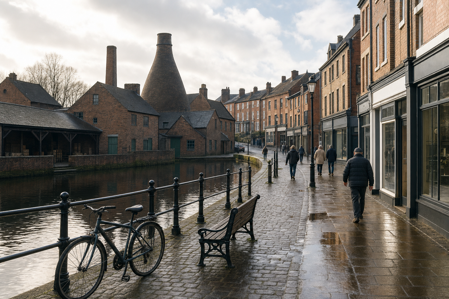 A cobbled street by a canal, lined with historic brick buildings and pedestrians, featuring a parked bicycle.