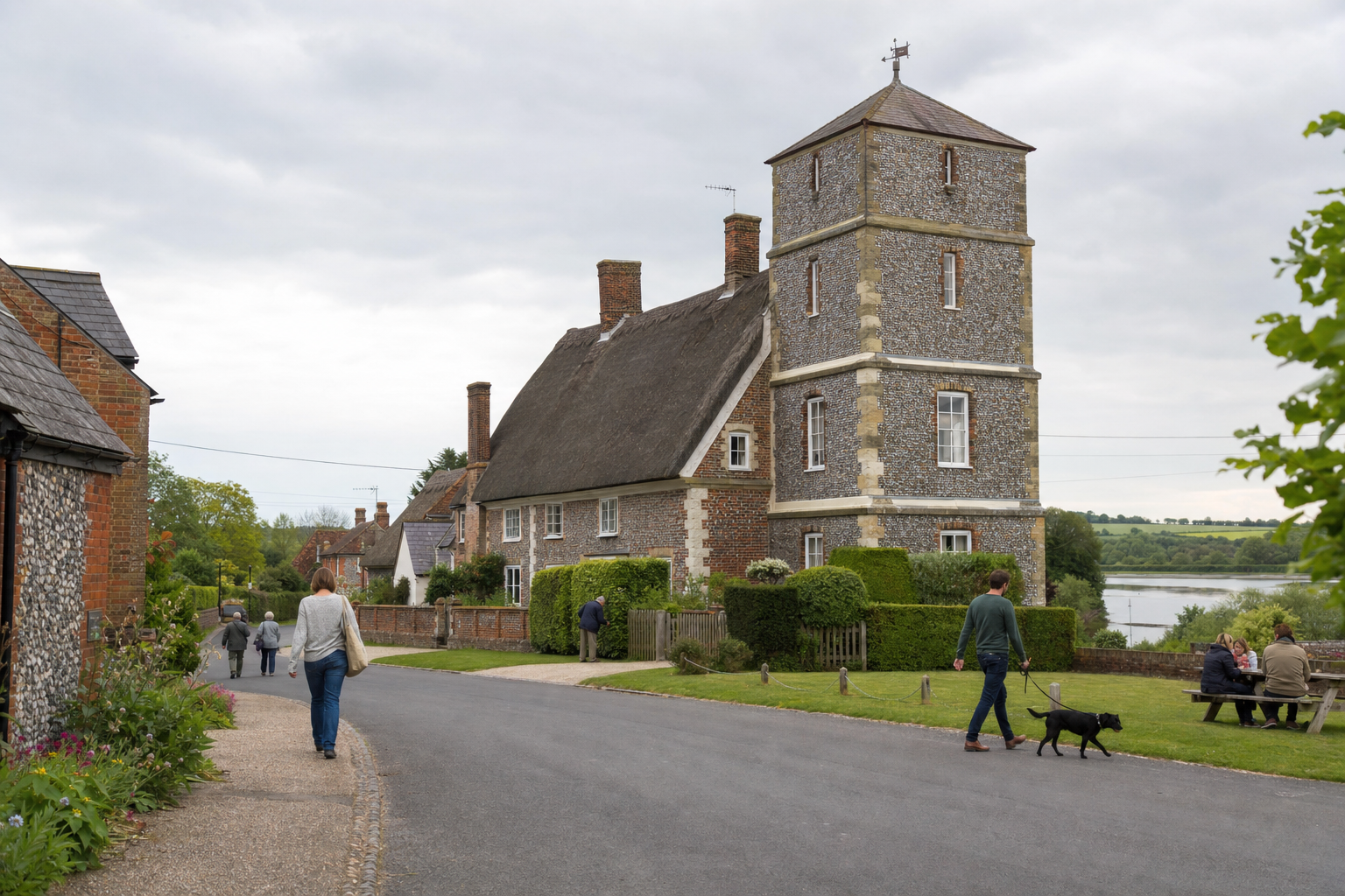 People stroll along a quaint village street lined with historic flint and brick cottages, with a picnic bench by a river.