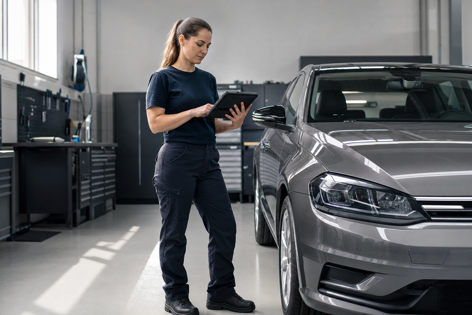 Mechanic using a tablet to inspect a silver car in a garage workshop.