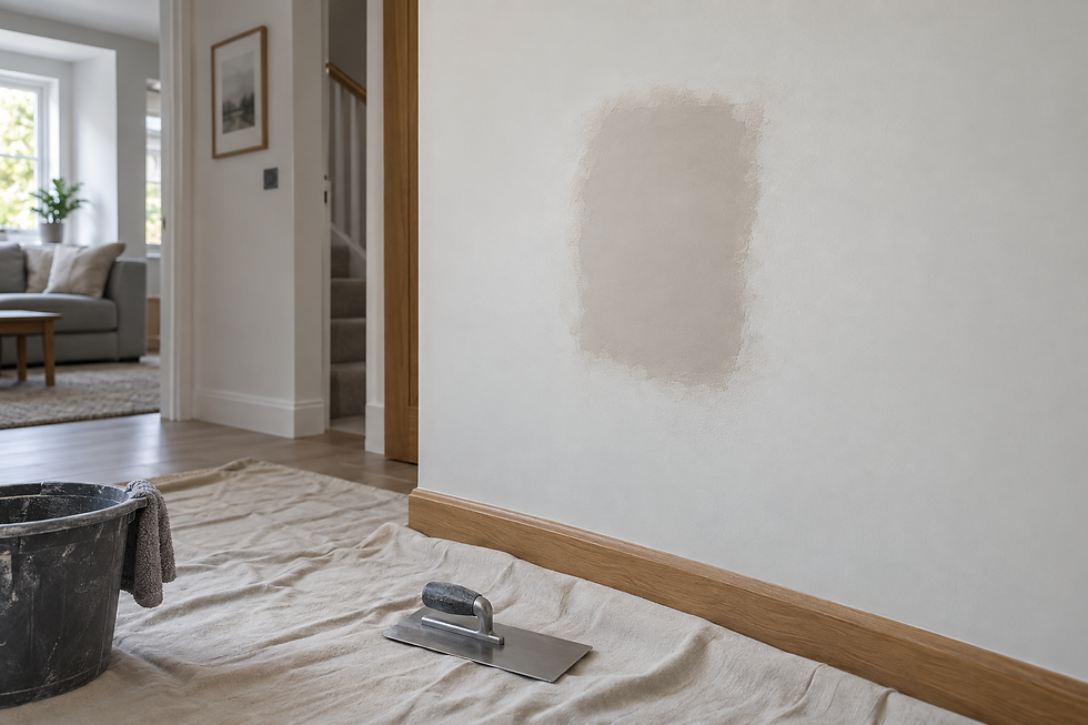 A freshly plastered wall section with a plastering trowel and bucket on a drop cloth in a modern living room.