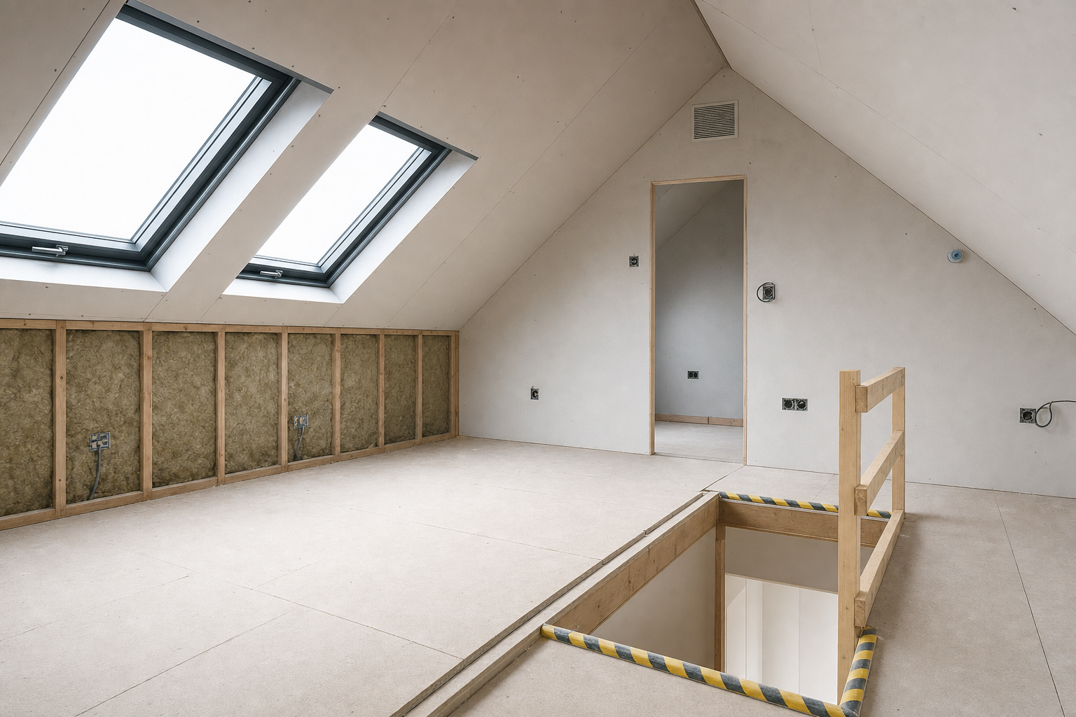 Unfinished loft conversion with skylights, bare walls, and exposed wiring, featuring a staircase opening with a safety barrier.