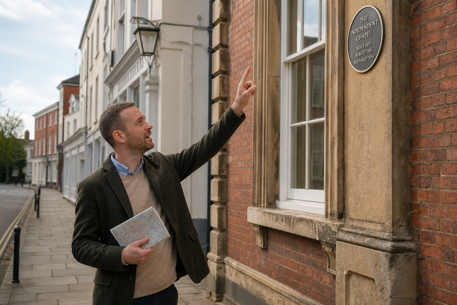 Man pointing at a historical plaque on a building while holding a guidebook in a quiet street.
